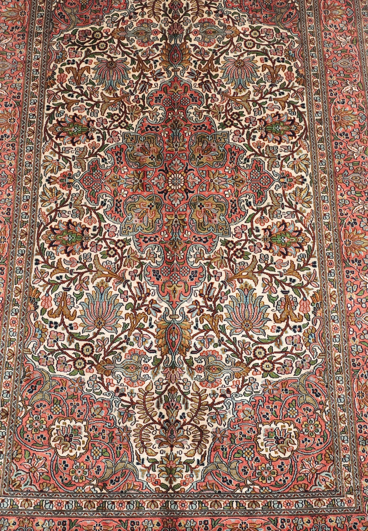 Ivory and Rose Lotus Palmette Medallion, Hand-Knotted Silk Rug