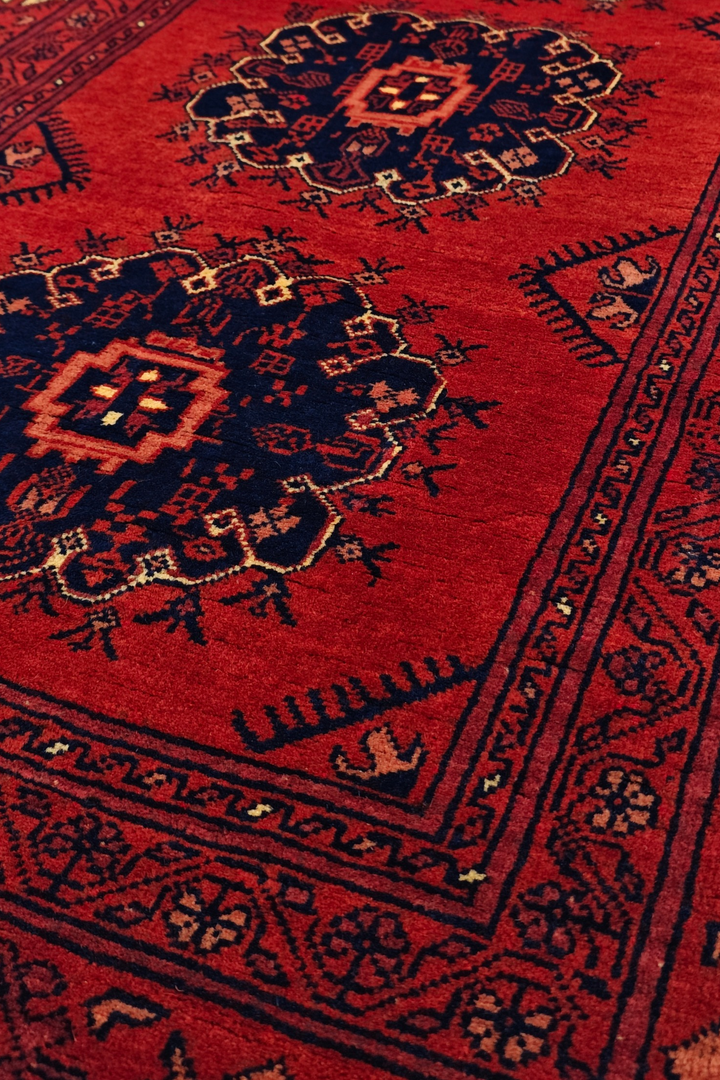 Red and Navy Khan Muhammadi Runner, Hand-Knotted Wool