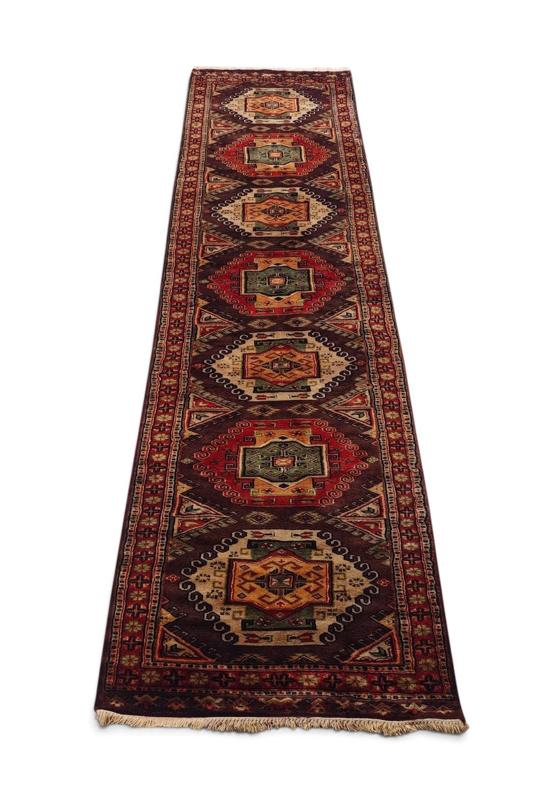Espresso and Madder Red Scrolled Medallion, Hand-Knotted Wool Rug