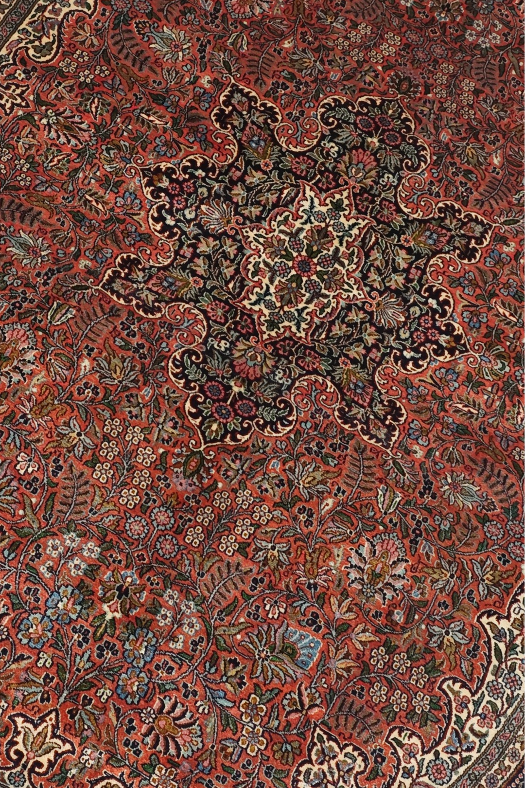 Brick Red and Black Oval Medallion, Hand-Knotted Silk Rug
