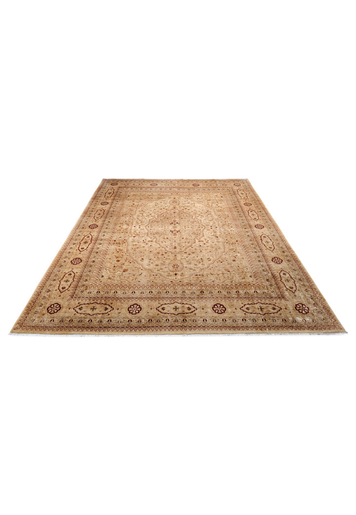 Wheat Gold Medallion Chobi, Hand-Knotted Wool Rug