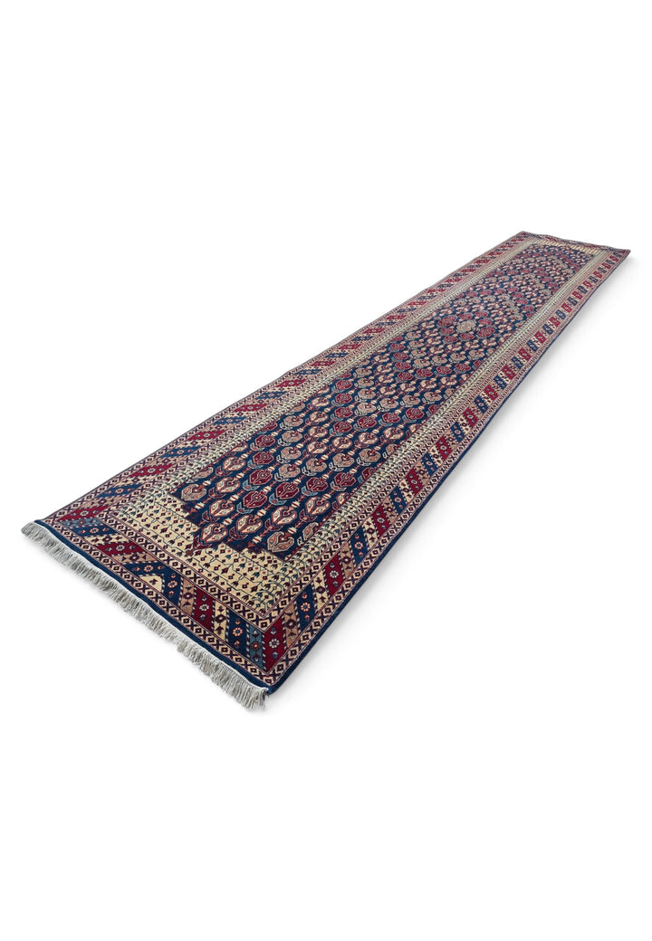 Navy and Cream Hereke Floral, Hand-Knotted Wool Rug