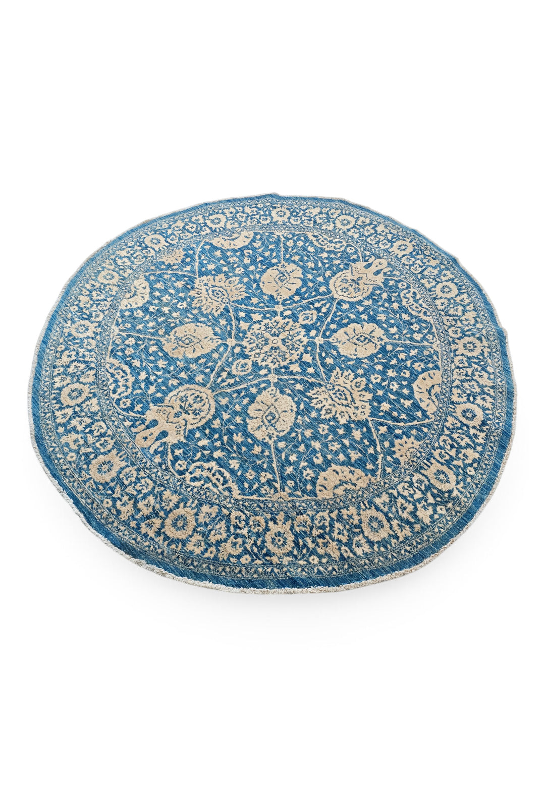 Slate Blue and Cream Radial Floral Round, Hand-Knotted Wool and Silk Rug