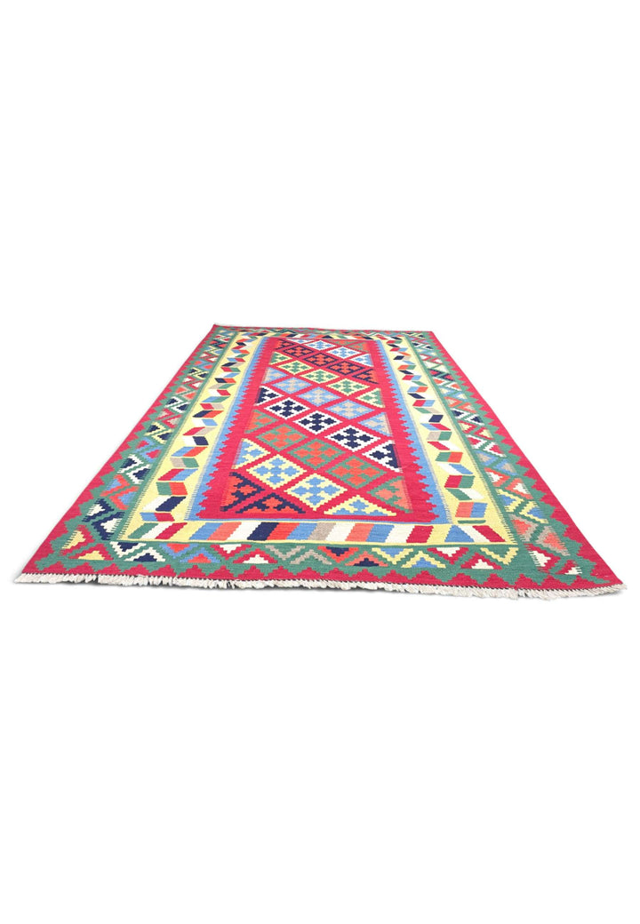 Cerise and Green Qashqai Medallion Kilim, Hand-Woven Wool