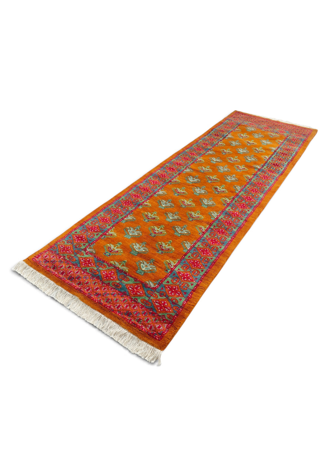 Saffron and Teal Flowering Shrub Repeat, Hand-Knotted Wool Rug