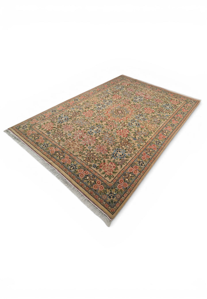 Camel and Pink Rose Floral, Hand-Knotted Wool Rug