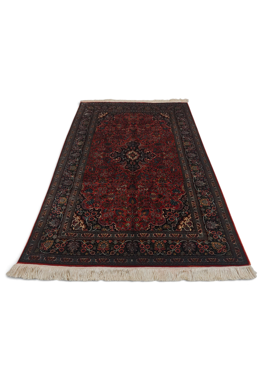 Deep Red and Navy Cloudband Medallion, Hand-Knotted Silk Rug