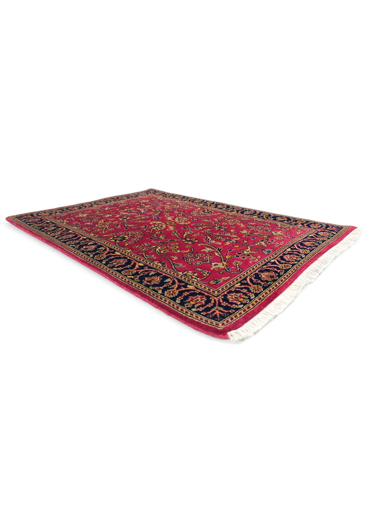 Crimson and Indigo Sarouk Floral, Hand-Knotted Wool Rug