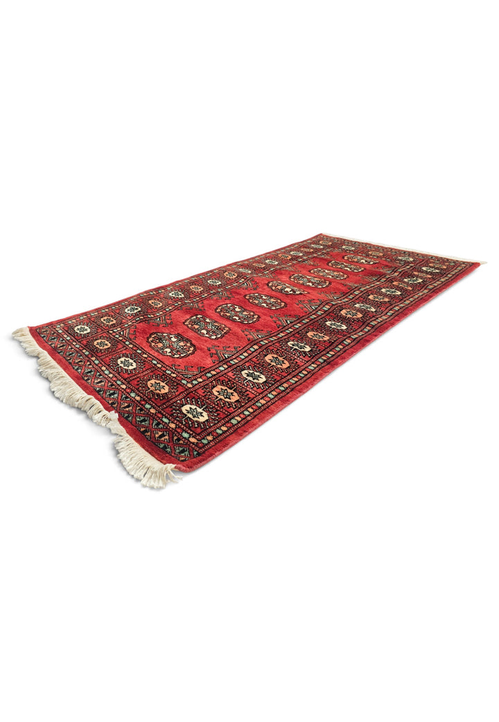 Red and Salmon Turkmen Gül Bokhara, Hand-Knotted Wool Rug