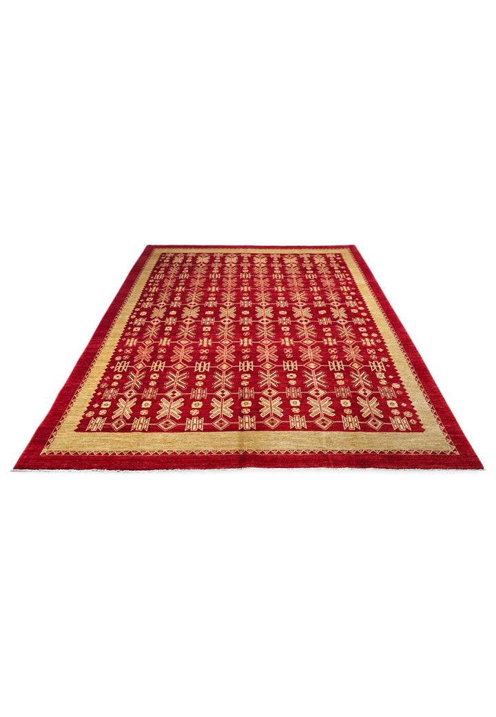 Bright Red and Wheat Gold Lattice Ghazni, Hand-Knotted Wool Rug