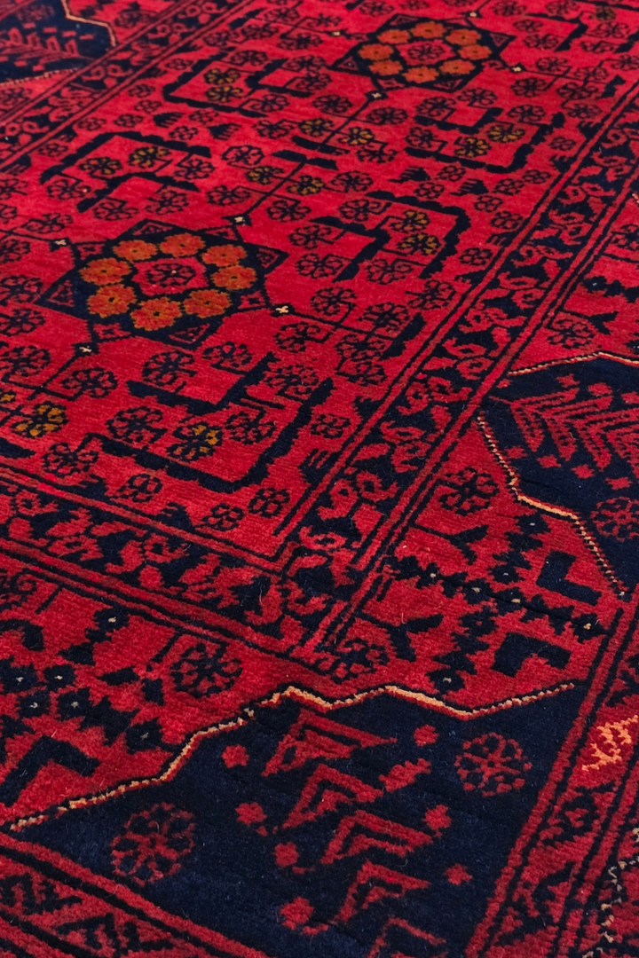 Raspberry Red and Navy Khan Muhammadi Runner, Hand-Knotted Wool