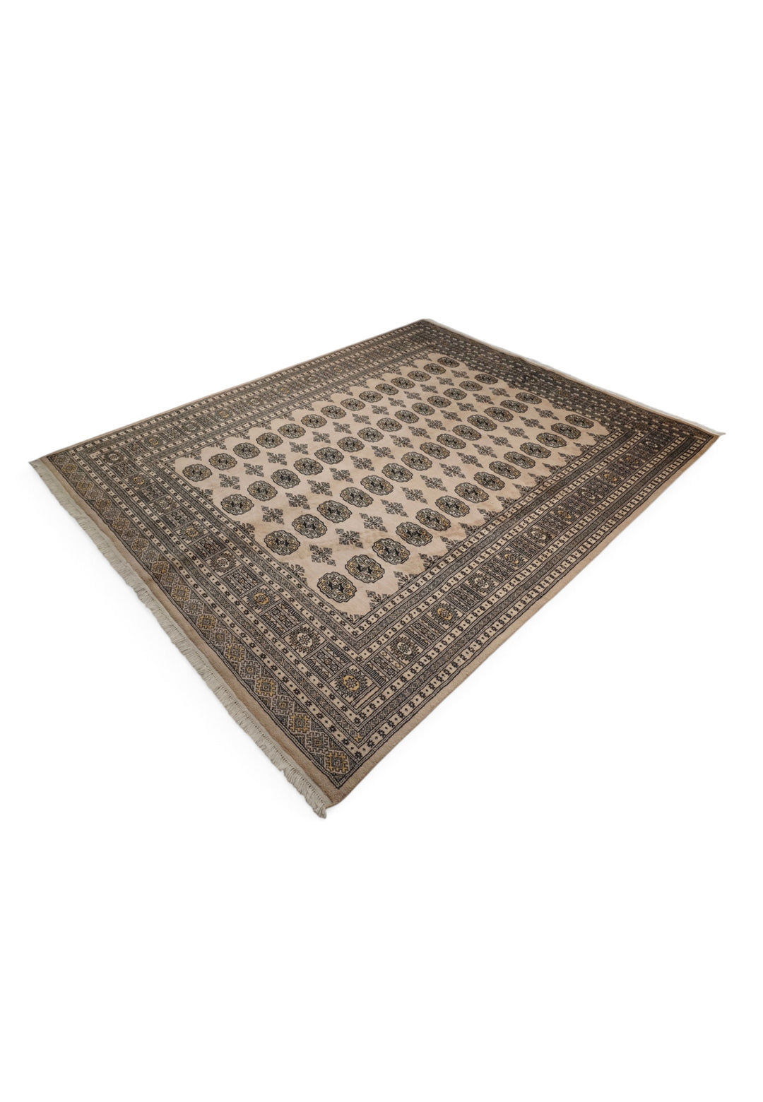 Sand and Espresso Gül and Tree Bokhara, Hand-Knotted Wool Rug
