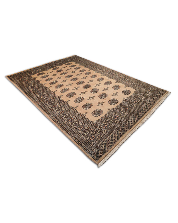 Camel and Mahogany Turkmen Gül Bokhara, Hand-Knotted Wool Rug