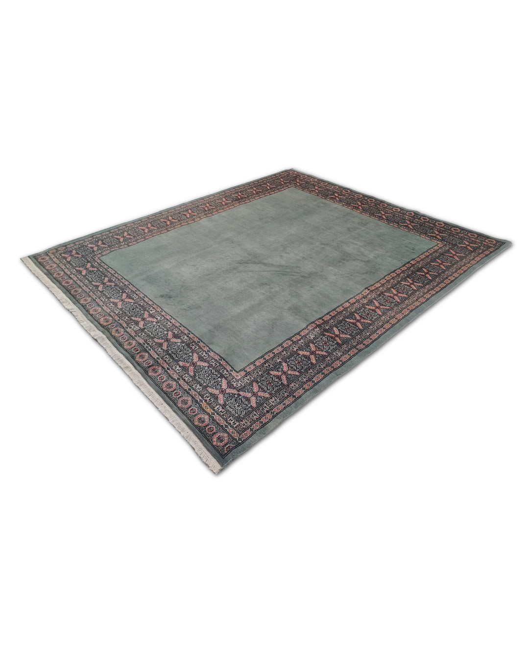 Sage Green and Rose Plain Field Bokhara, Hand-Knotted Wool Rug