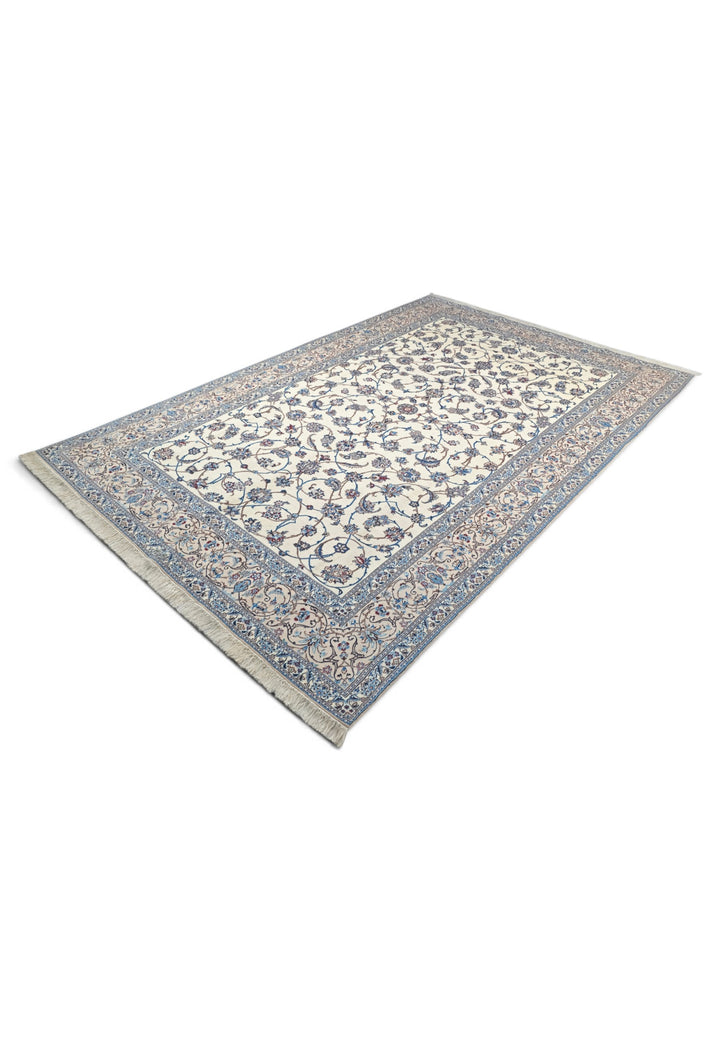 Ivory and Blue All-Over Arabesque Nain, Hand-Knotted Wool Rug