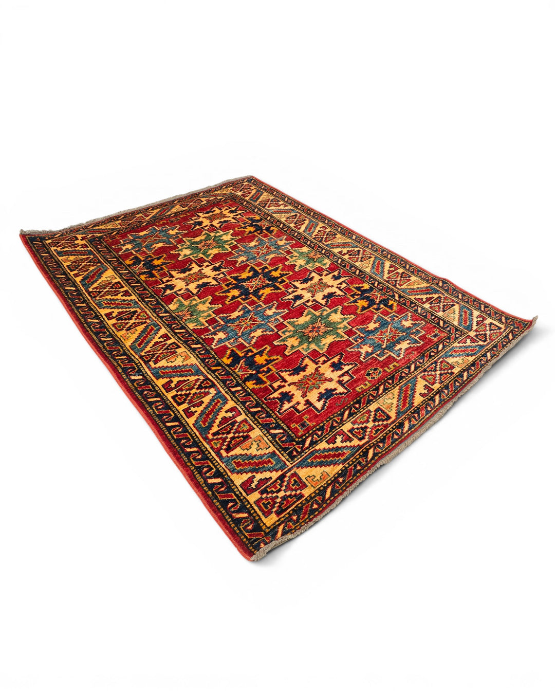 Red Lesghi Star Kazak Rug, Hand-Knotted Afghan Wool