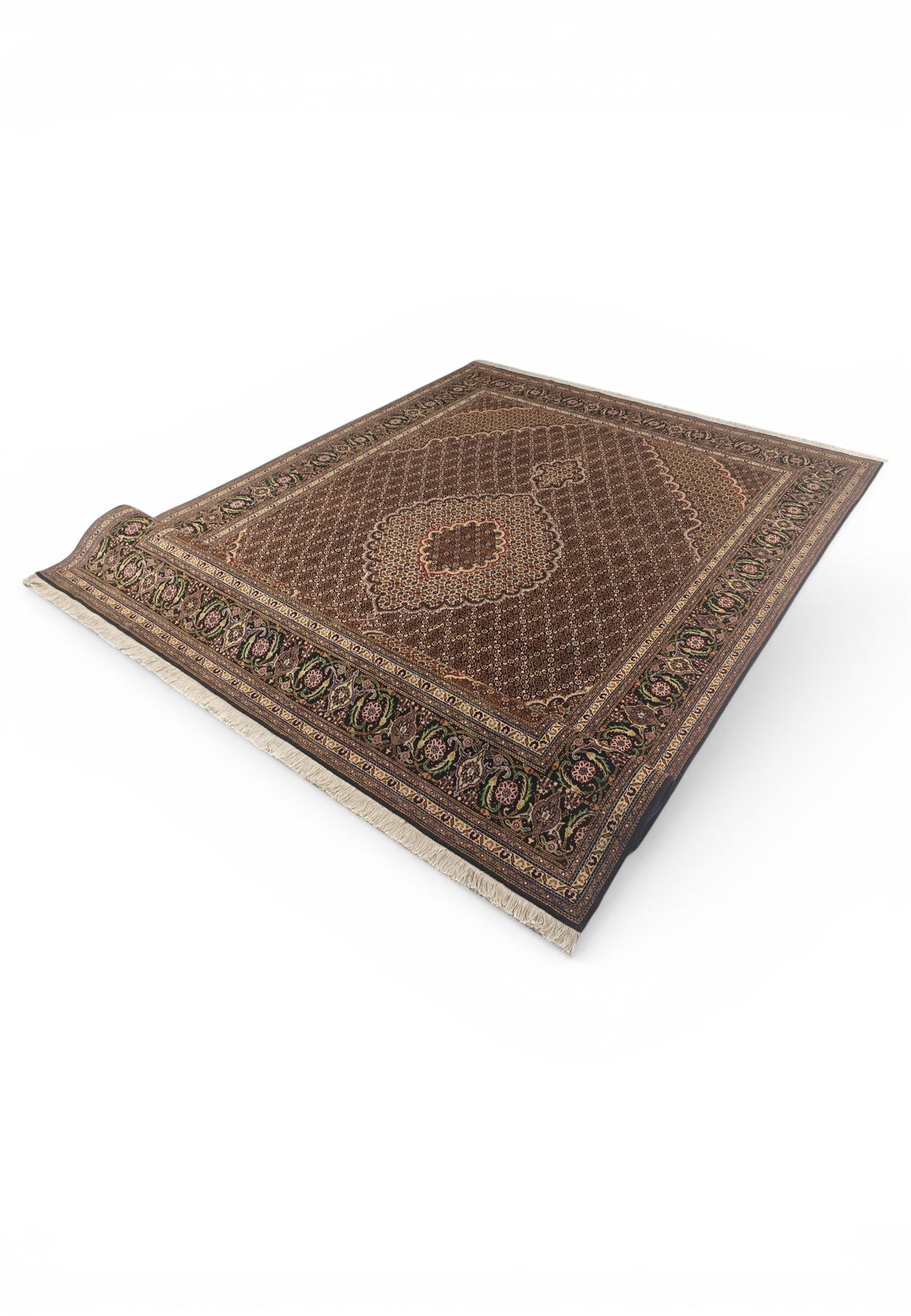 Brown Mahi Medallion Persian Tabriz, Hand-Knotted Wool Rug