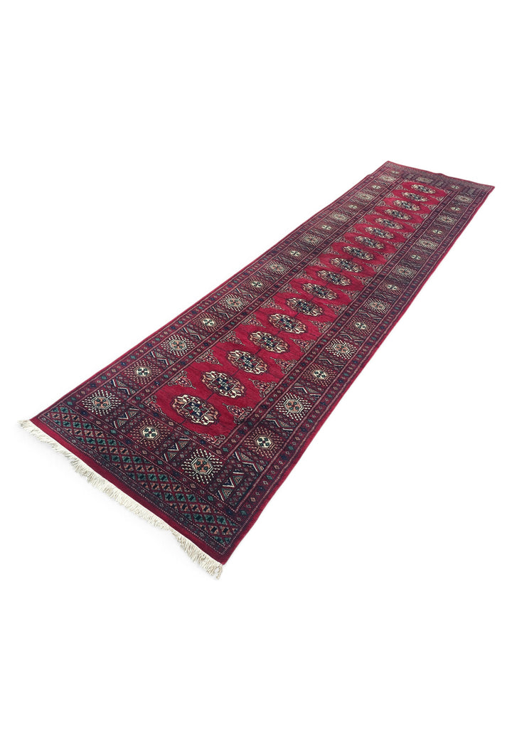 Wine Red and Cream Single Column Gül Bokhara, Hand-Knotted Wool Rug