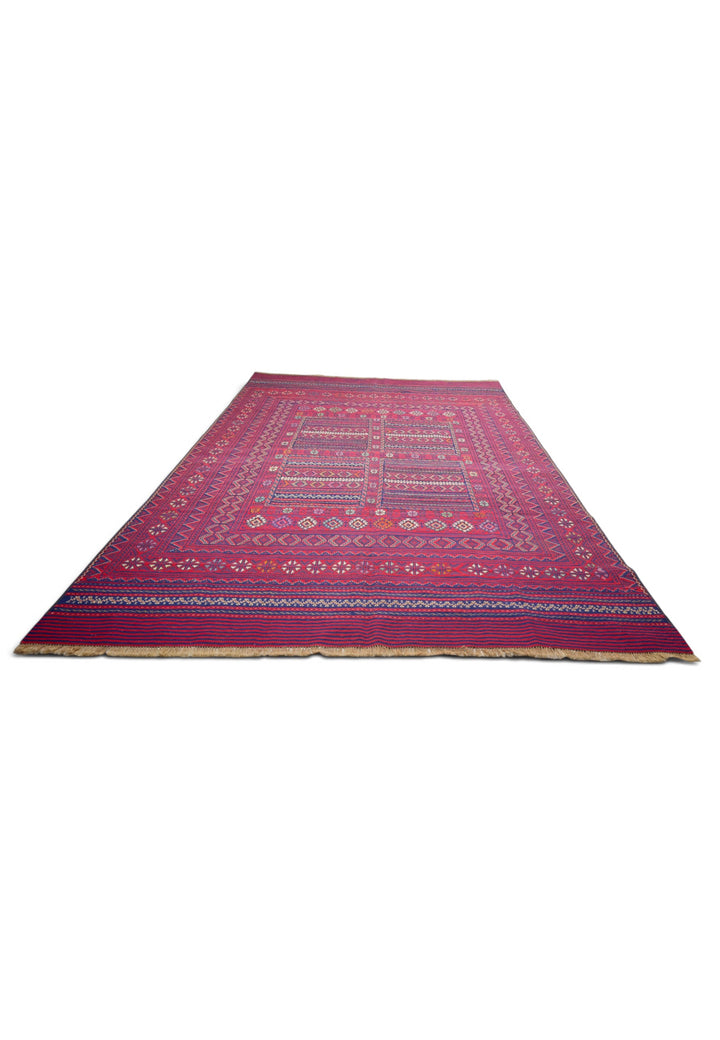 Rose Red and Navy Four-Panel Kilim, Hand-Woven Wool