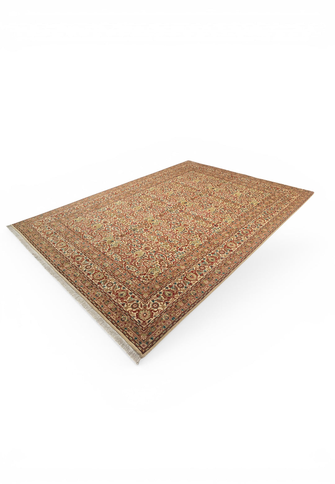 Cream and Red Floral Lattice, Hand-Knotted Wool Rug