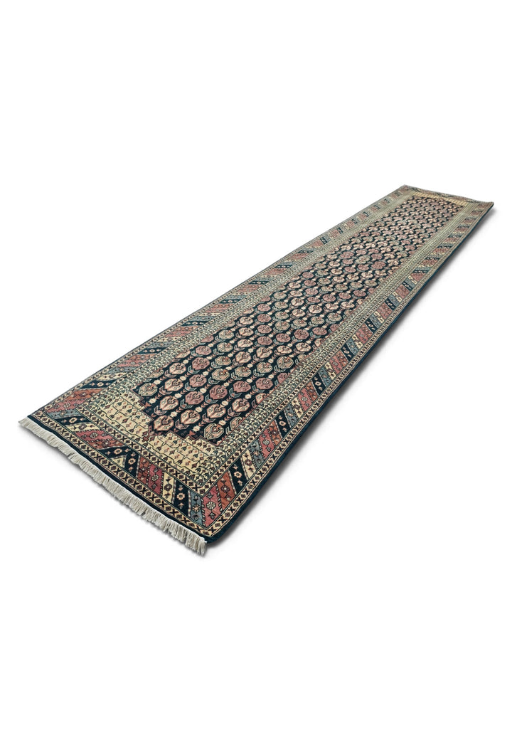 Navy and Dusty Rose Hereke Floral, Hand-Knotted Wool Rug