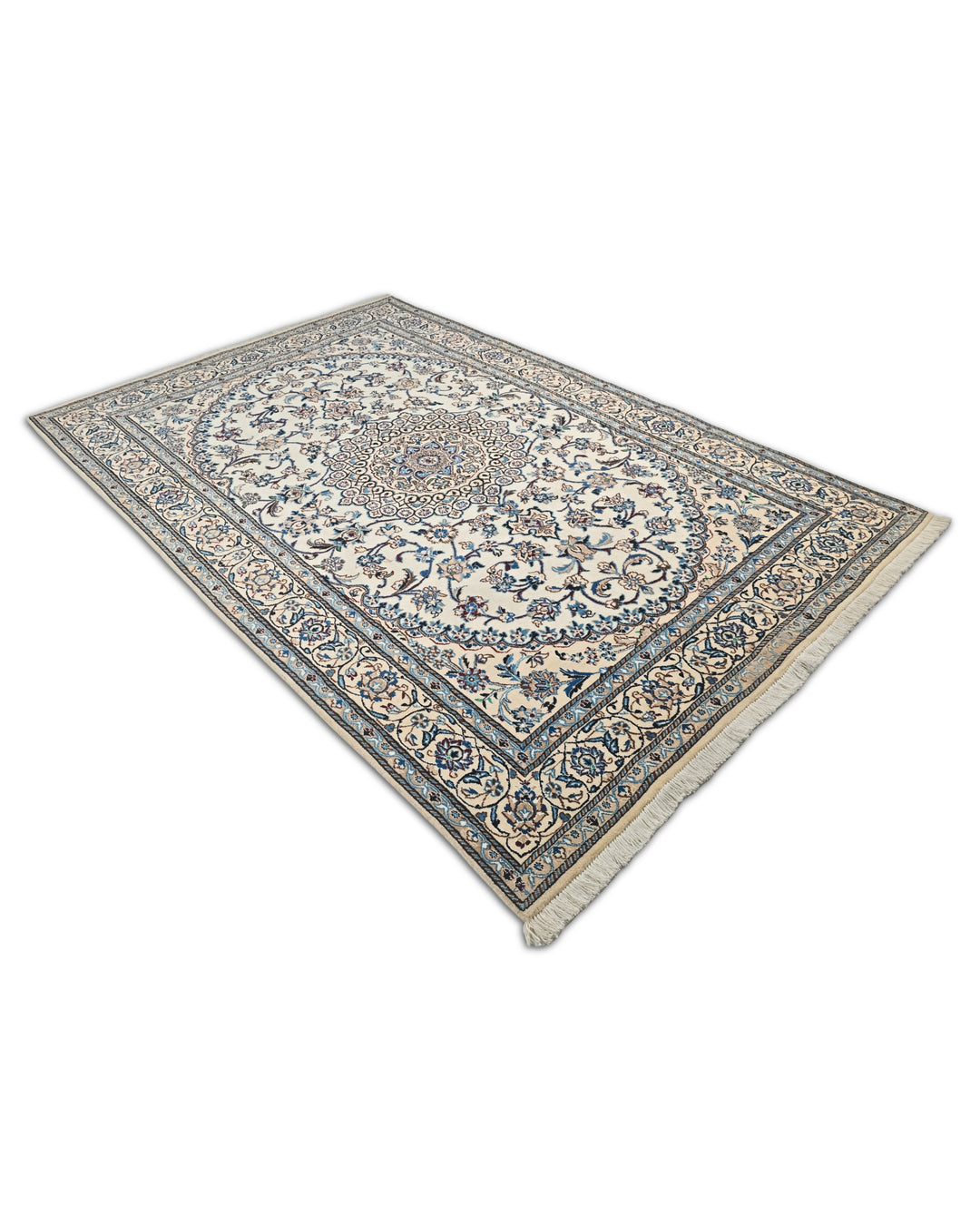 Cream and Blue Medallion Nain, Hand-Knotted Wool Rug