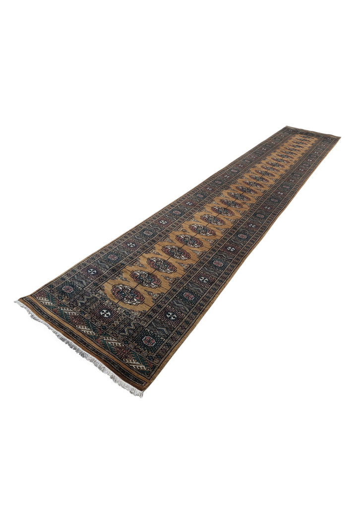 Camel and Teal Turkmen Gül Bokhara, Hand-Knotted Wool Rug