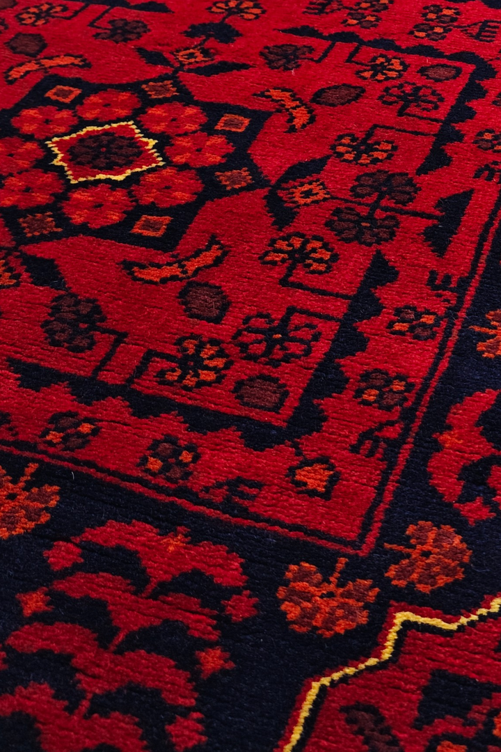 Cherry Red and Navy Khan Muhammadi Runner, Hand-Knotted Wool