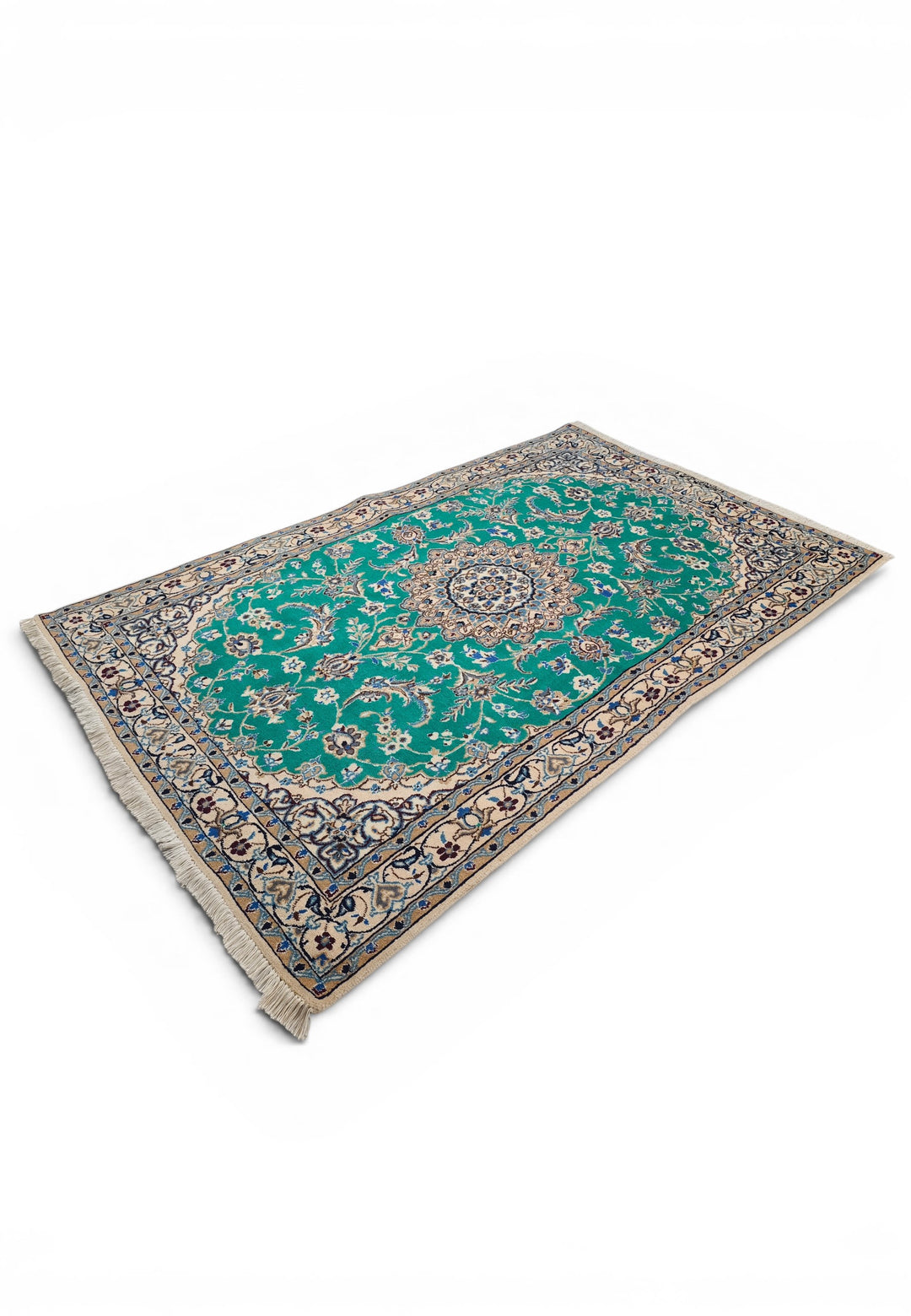 Emerald-Green Medallion Persian Nain, Hand-Knotted Wool Rug