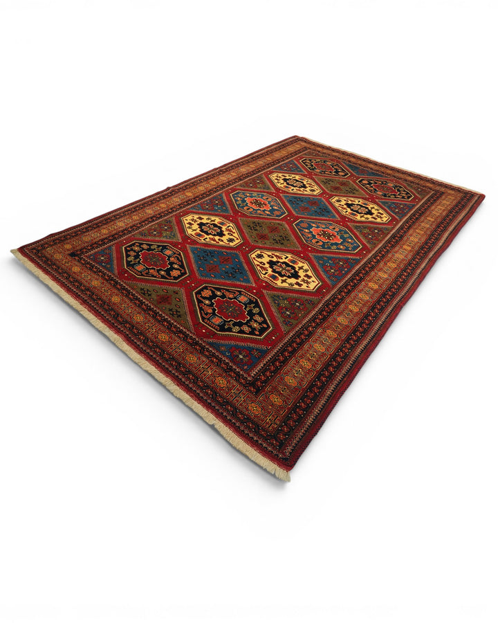 Burgundy &amp; Gold Compartment Rug, Hand-Knotted Afghani Sherwan