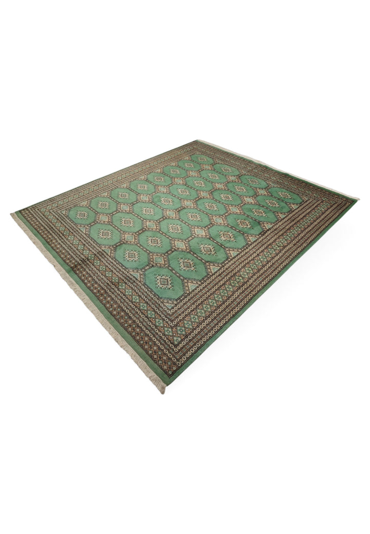 Jade Green and Cream Compartment Bokhara, Hand-Knotted Wool and Silk Rug
