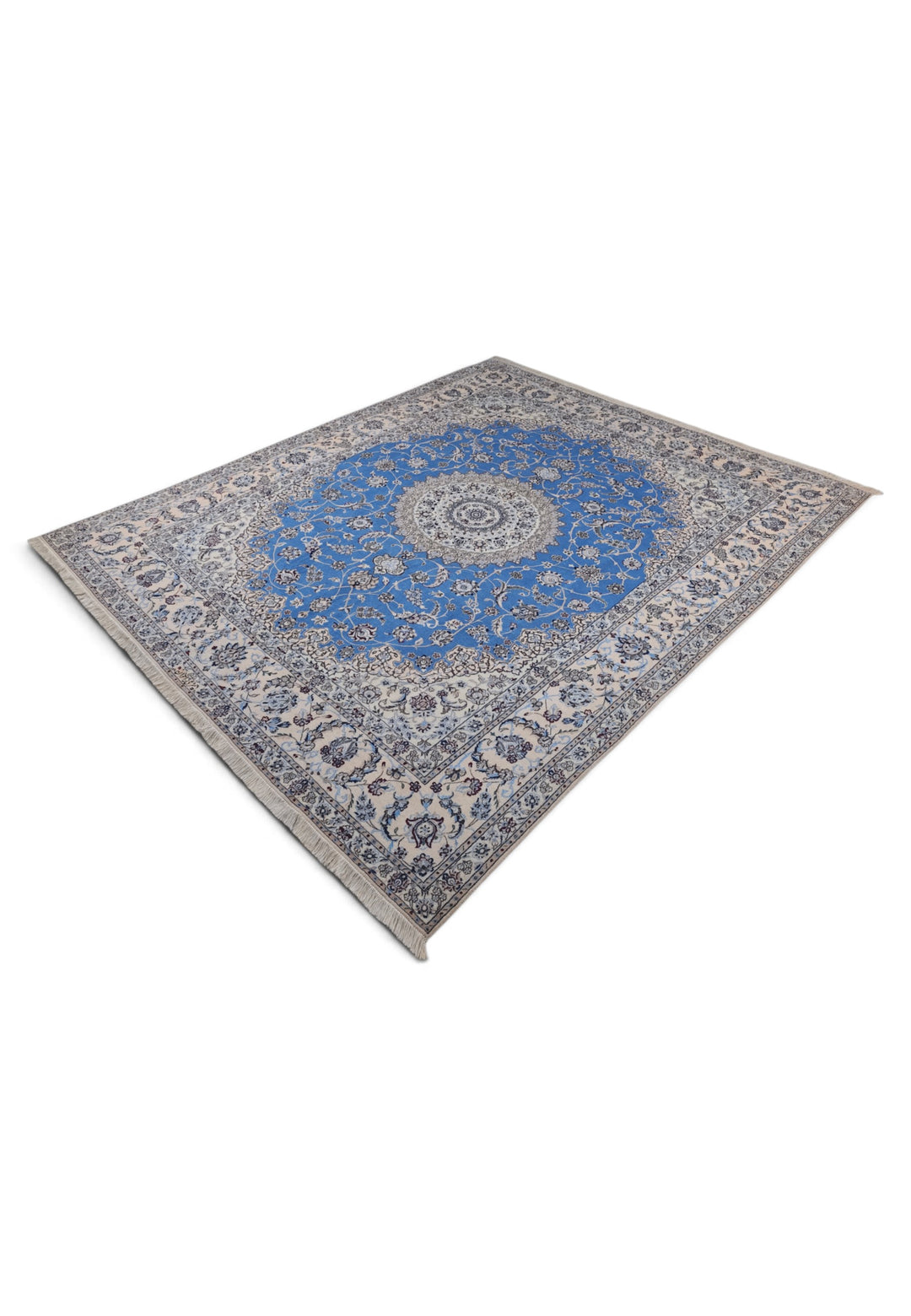 Blue and Ivory Gonbad Dome Nain, Hand-Knotted Wool Rug