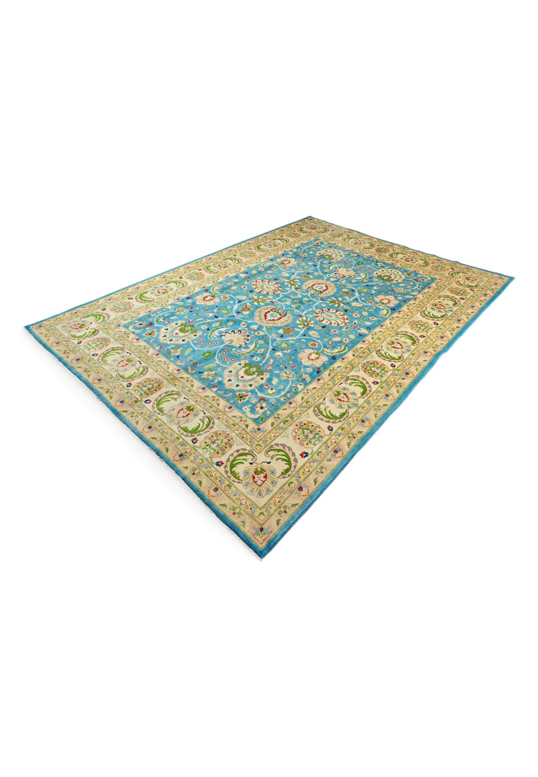 Turquoise and Cream Floral Ghazni, Hand-Knotted Wool Rug
