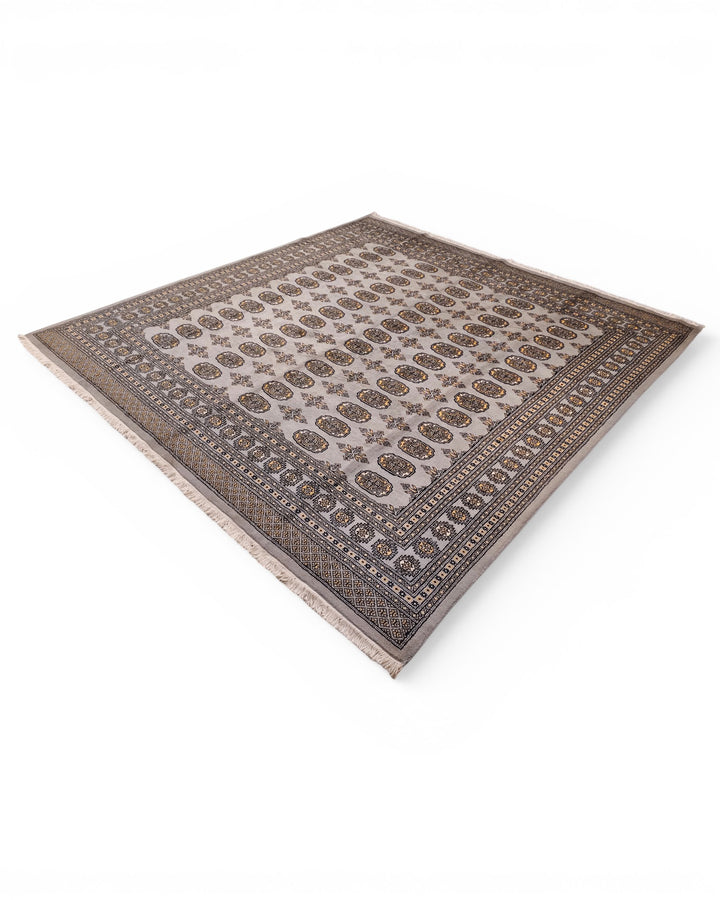 Warm Grey Turkmen Gül Bokhara Square Rug, Hand-Knotted Pakistani Wool