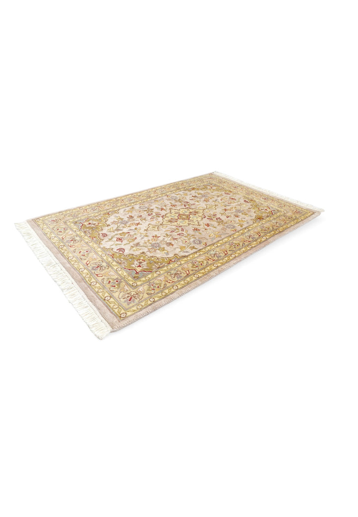 Blush and Olive Gold Medallion Tabriz, Hand-Knotted Wool and Silk Rug