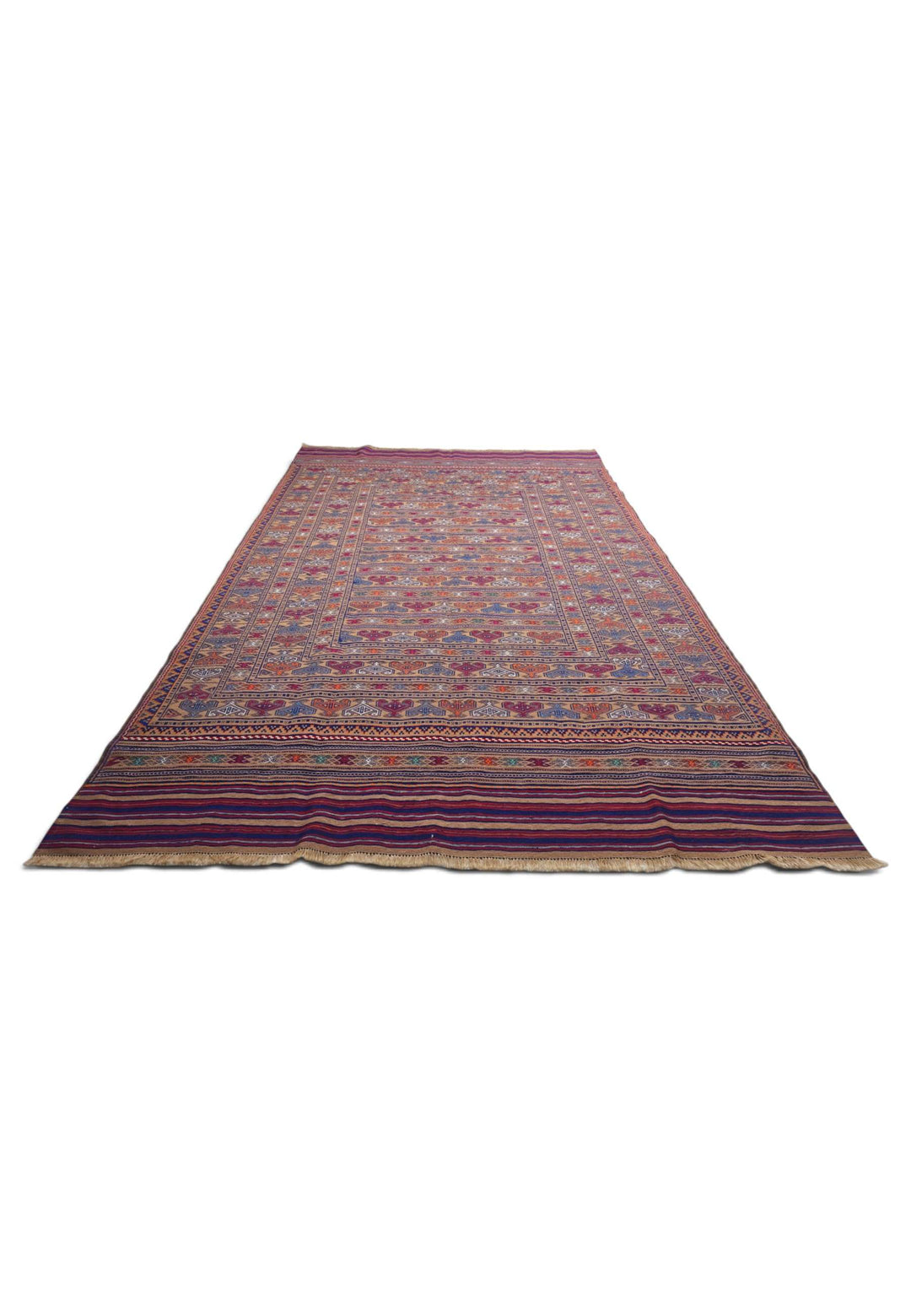 Camel and Burgundy Banded Kilim, Hand-Woven Wool