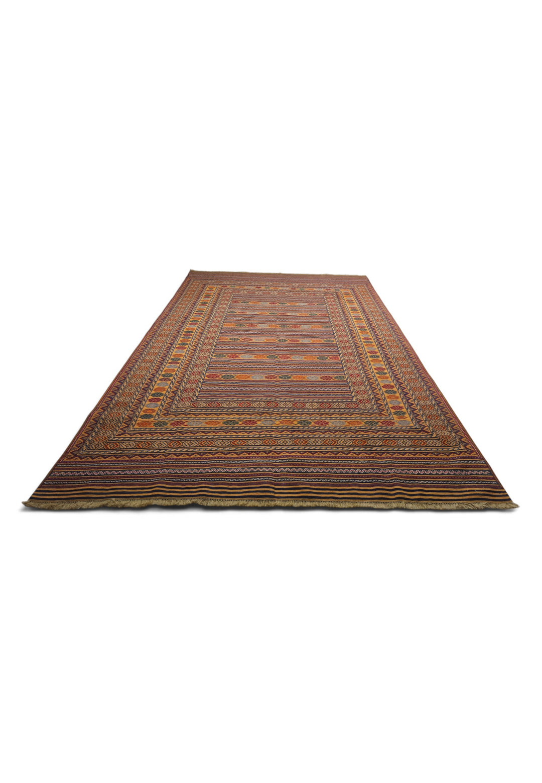 Saffron Gold and Plum Banded Kilim, Hand-Woven Wool