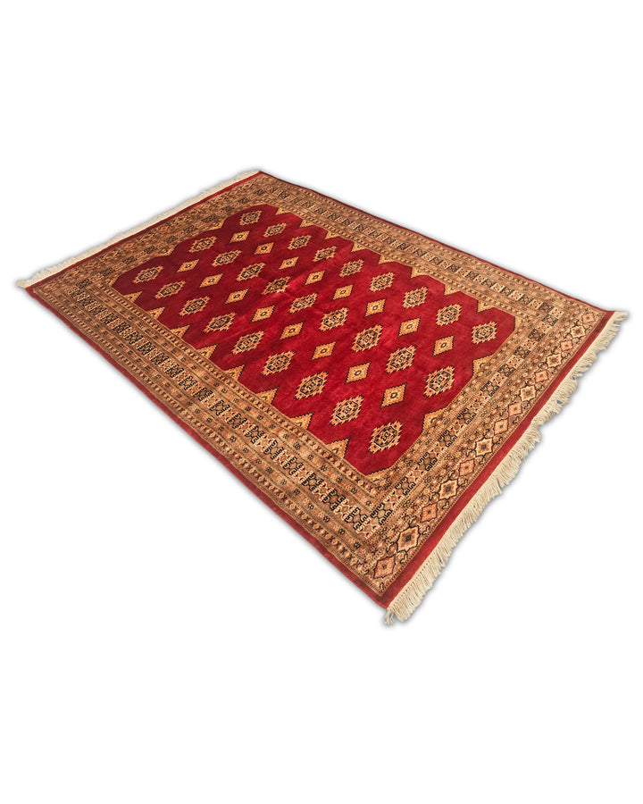 Red &amp; Gold Diamond Gül Jaldar Rug, Hand-Knotted Pakistani Wool &amp; Silk