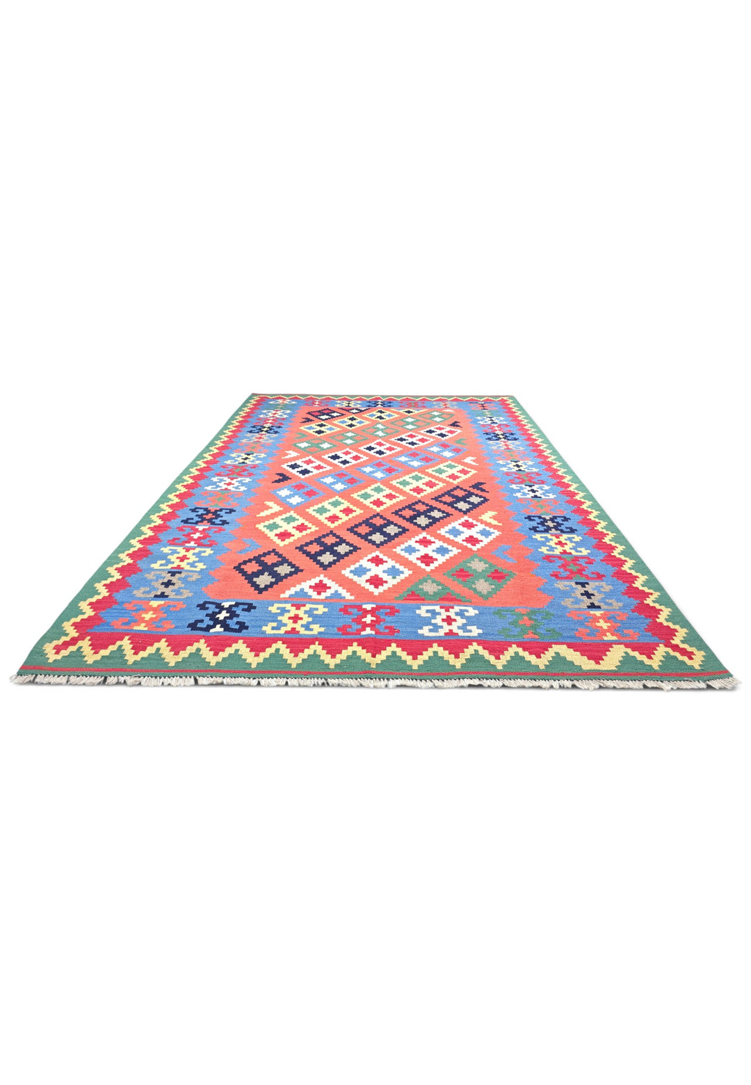 Coral and Green Qashqai Diamond Kilim, Hand-Woven Wool