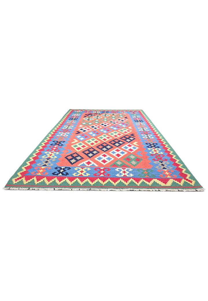 Coral and Green Qashqai Diamond Kilim, Hand-Woven Wool