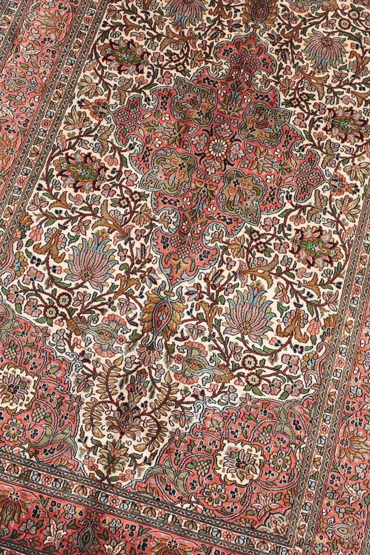 Ivory and Rose Lotus Palmette Medallion, Hand-Knotted Silk Rug