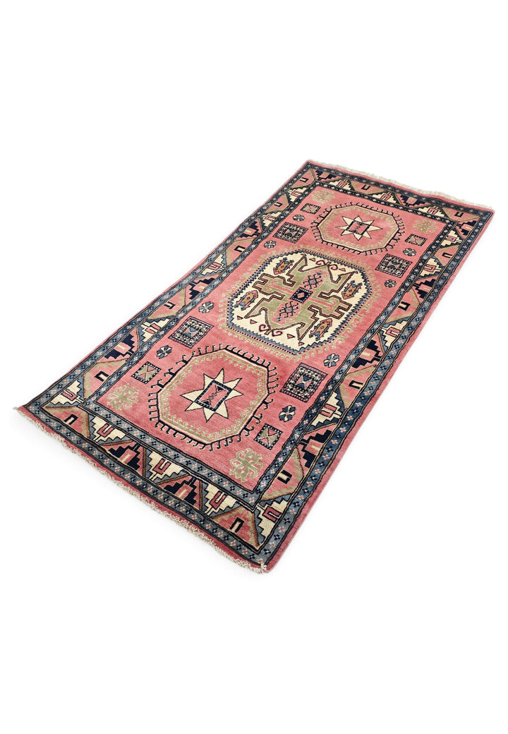 Rose and Ivory Star and Cross Medallion Kazak, Hand-Knotted Wool Rug