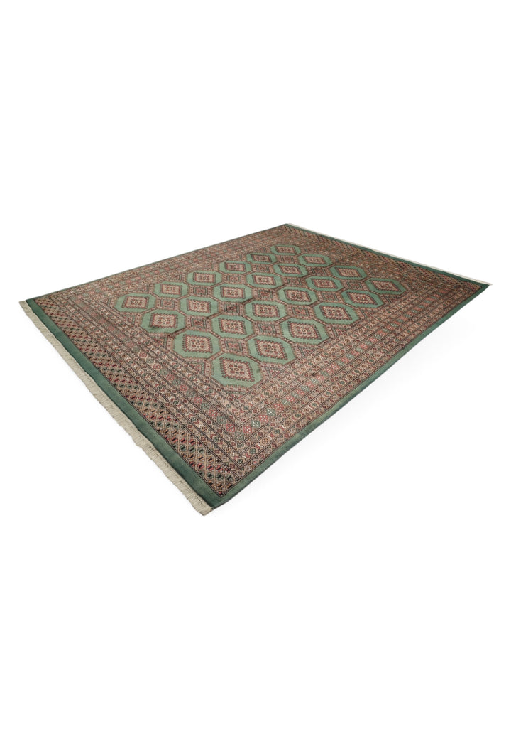 Sage Green and Taupe Compartment Lattice Bokhara, Hand-Knotted Wool Rug