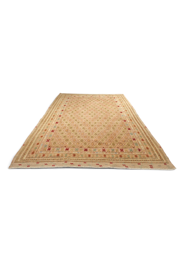 Wheat Gold and Cream Diamond Lattice Kilim, Hand-Woven Wool