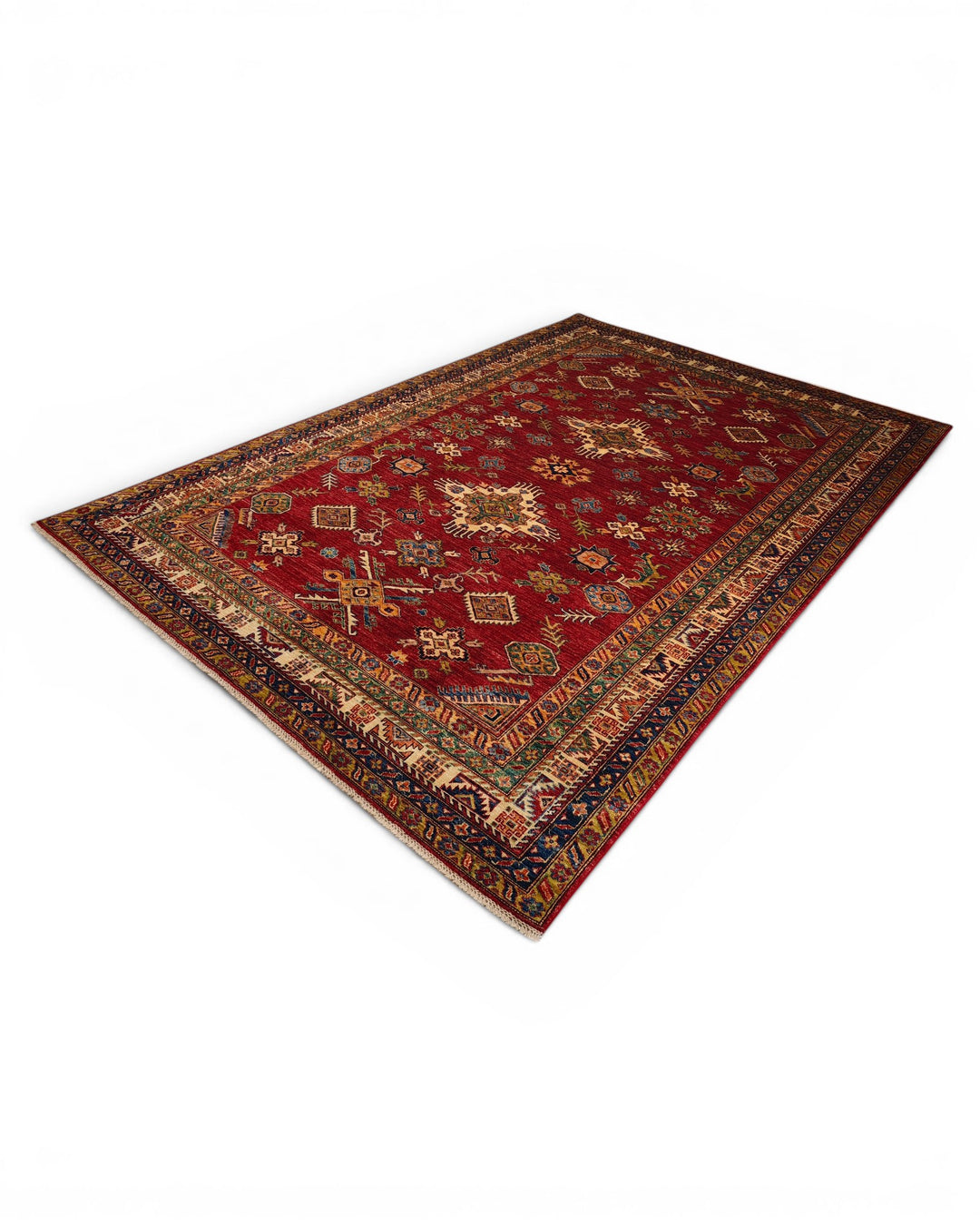 Red &amp; Gold Tribal Kazak Rug, Hand-Knotted Afghan Wool