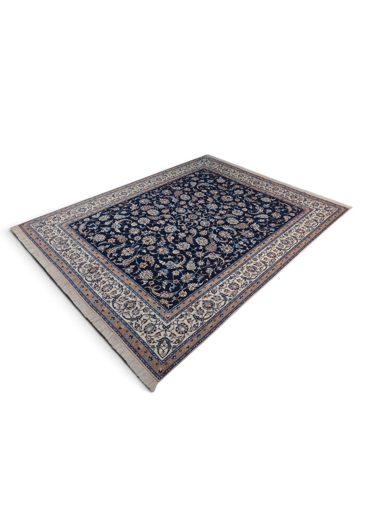 Navy and Ivory All-Over Arabesque Nain, Hand-Knotted Wool Rug