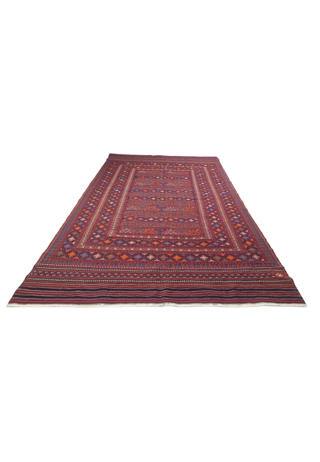 Rose Red and Orange Banded Kilim, Hand-Woven Wool