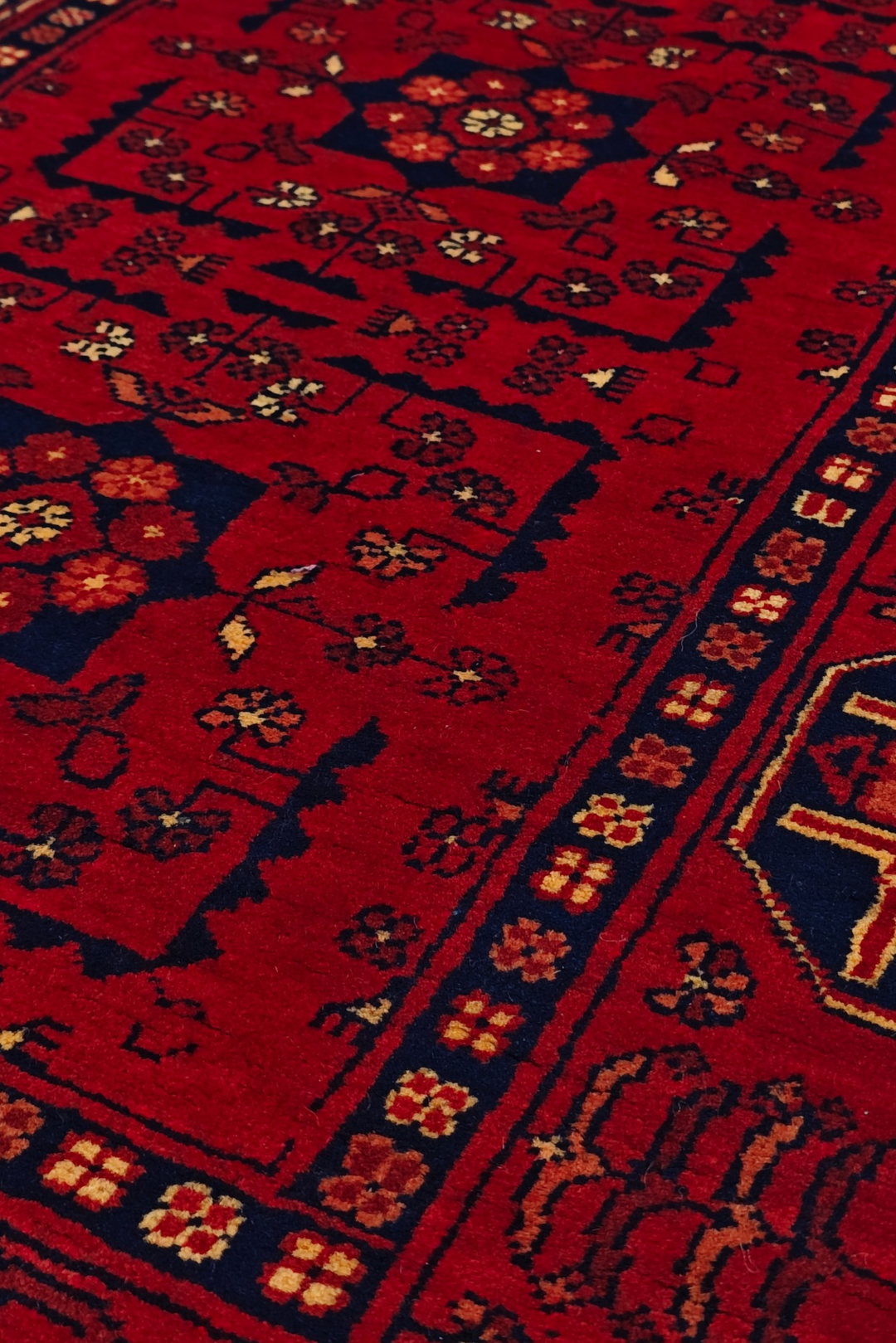 Red and Navy Khan Muhammadi Rug, Hand-Knotted Wool