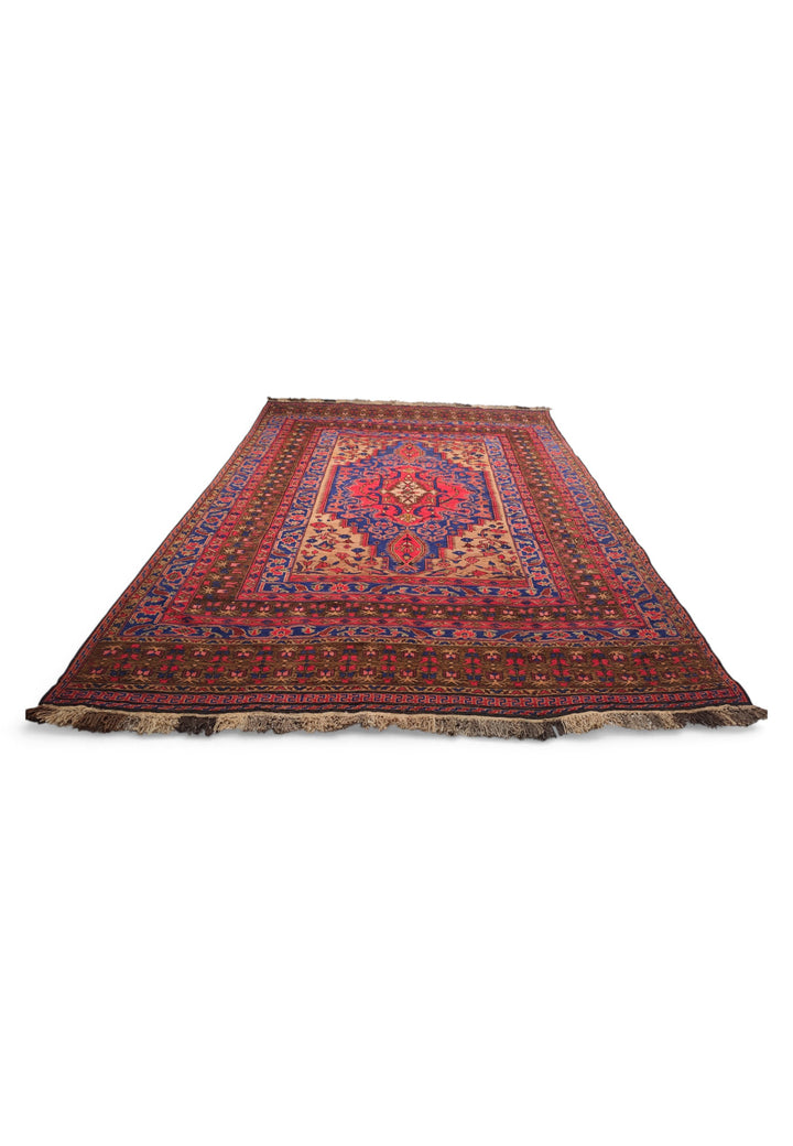 Scarlet and Cobalt Medallion Kilim, Hand-Woven Wool