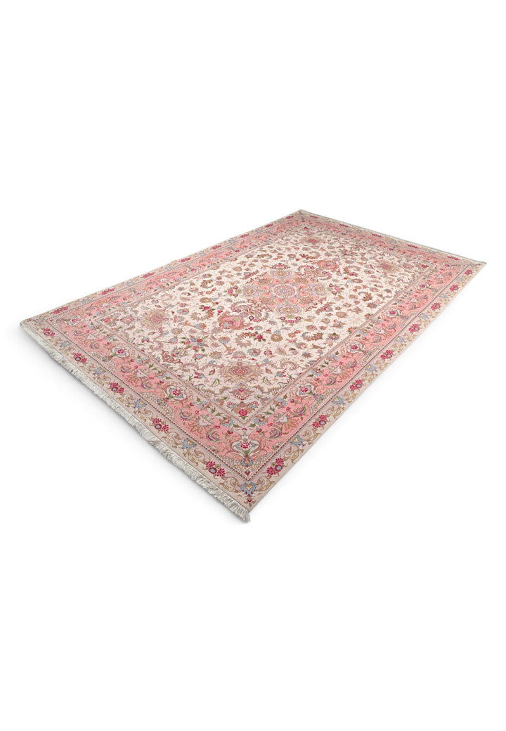 Cream and Rose Pink Medallion Tabriz, Hand-Knotted Wool Rug